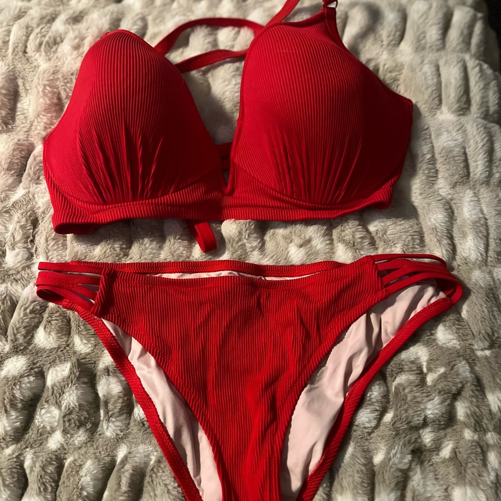 Shade & Shore Red Ribbed Push-Up Bikini Set top 38DD bottoms large